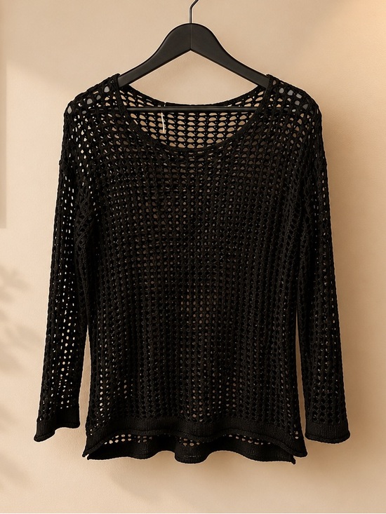 Zesica Tops - Zesica Medium Black Crochet Mesh Long Sleeve Top Sheer Open Knit Boho